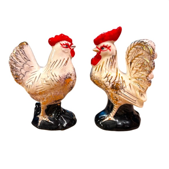1 Vintage rooster & set of Salt & Pepper Shakers Rooster & Hen Japan Gilded 4.5” - Picture 4 of 9